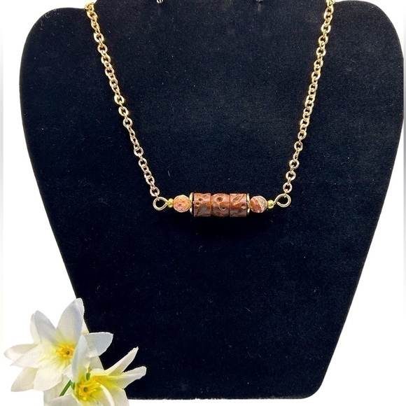 Jewelry - Necklace Handmade Carved Wood Natural Stone Terracotta/Black/Brown 17”-20”